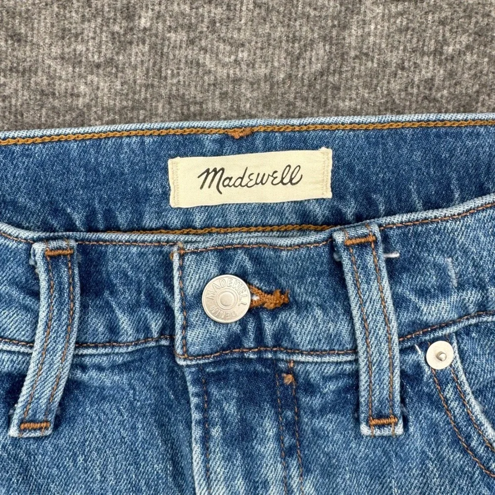 Madewell Womens High Rise Straight Leg Jeans Medium Wash Blue Distressed Hem